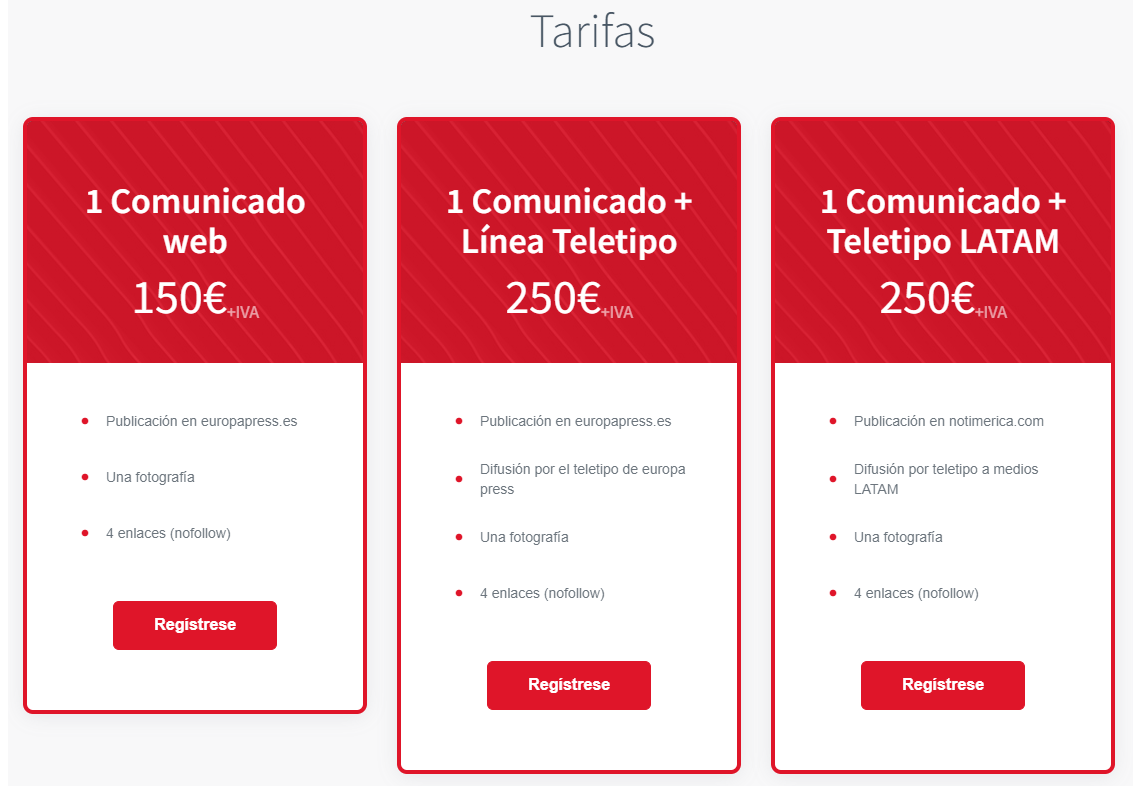 tarifas enviar nota de prensa europapress comunicados