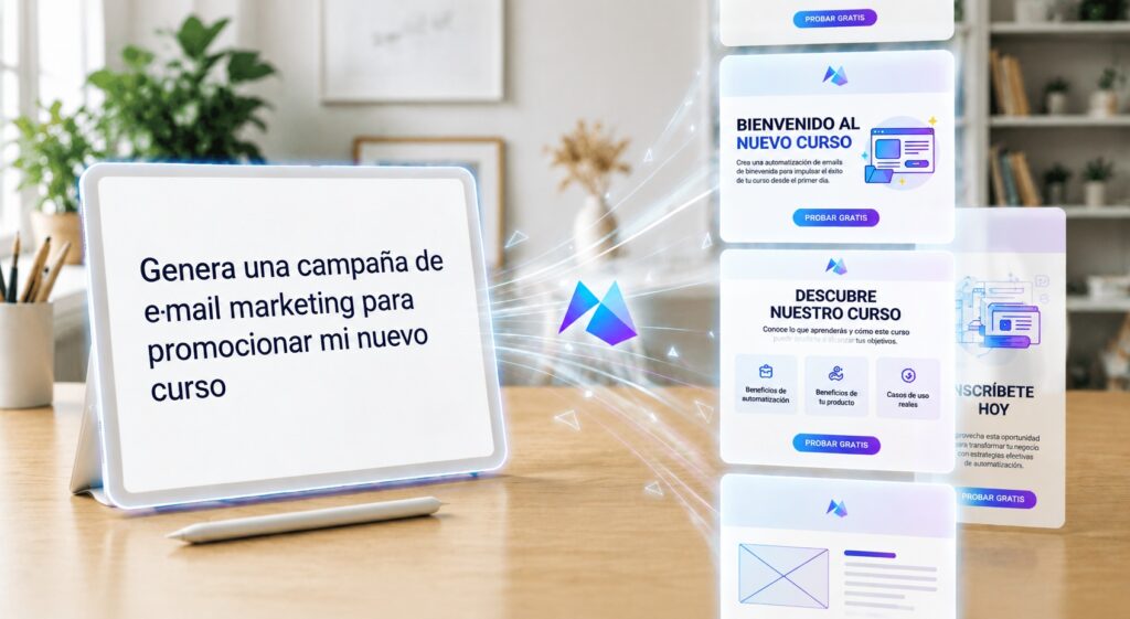Tableta en una oficina procesando una solicitud para crear campañas de email marketing con IA, se muestran ejemplos de newsletters automatizadas.