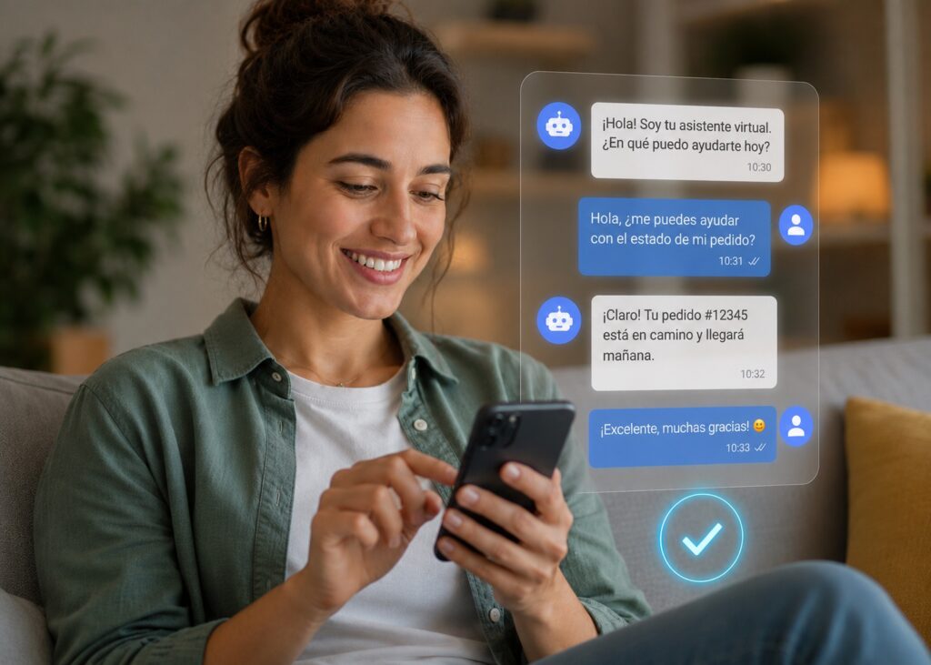 Mujer consulta el estado de su pedido desde su teléfono móvil a un asistente virtual para ilustrar las diferencias entre un chatbot tradicional y un agente de IA moderno.