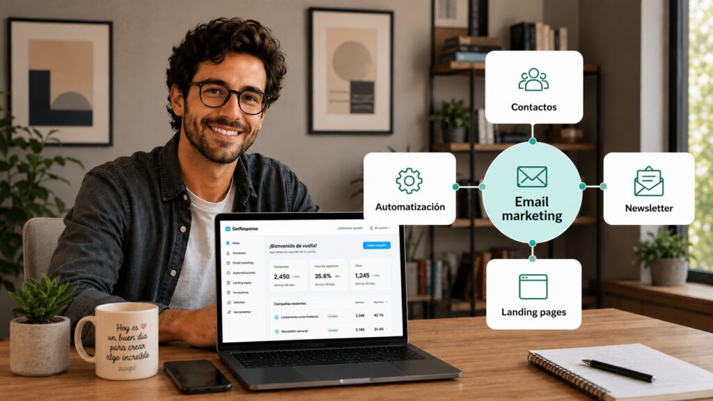 Hombre sonriente frente a un ordenador portátil mostrando el panel de control de GetResponse para un sistema de captación con email marketing, rodeado de un esquema que conecta automatización, contactos, newsletter y landing pages.