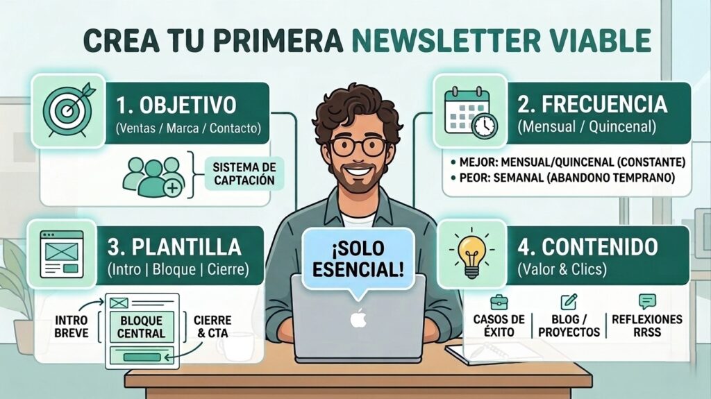 "Si estás pensando en lanzar tu estrategia de email marketing, esta infografía para crear tu primera newsletter viable te muestra que no necesitas complicarte. Enfócate en un objetivo claro, define una frecuencia sostenible (evitando el abandono temprano) y estructura tu plantilla con lo esencial: valor directo y una buena llamada a la acción (CTA)."
