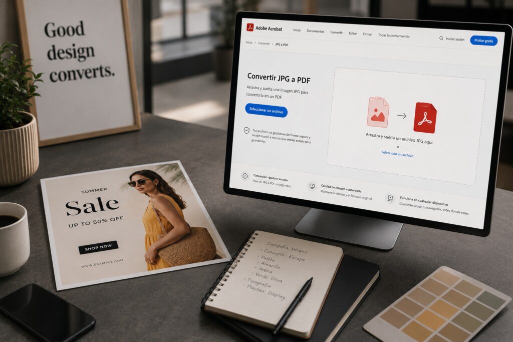 Escritorio de diseño con un monitor que muestra una herramienta para convertir JPG a PDF, acompañado de una creatividad publicitaria, una libreta, una taza de café y una carta de colores, representando un flujo de trabajo profesional.
