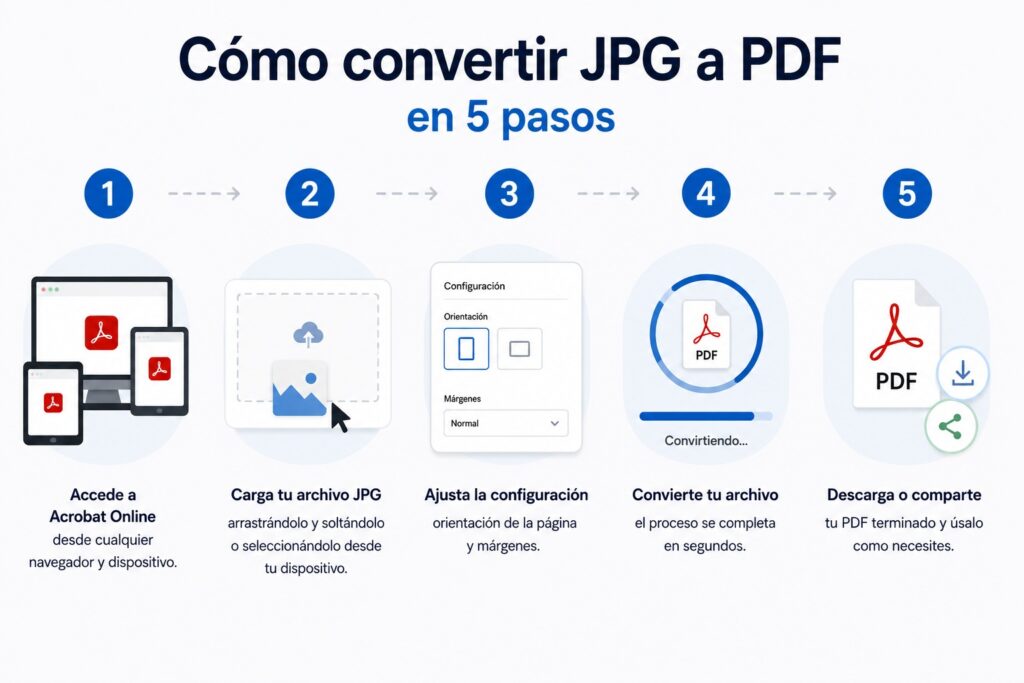 Infografía que muestra cómo convertir un archivo JPG a PDF gratis en cinco pasos con Adobe Acrobat Online.