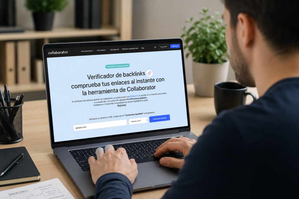 Usuario utilizando en un ordenador una de las mejores herramientas gratuitas para comprobar backlinks y analizar el perfil de enlaces de un sitio web con un verificador de backlinks online.