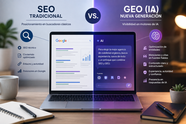 Infografía sobre una agencia SEO tradicional o agencia con GEO: cómo elegir para la era de la IA. Muestra un portátil en un escritorio dividido entre los resultados en Google (SEO técnico y enlaces) y las respuestas de IA (entidades y citas fiables) para ayudarte a elegir la mejor opción según tu estrategia de visibilidad.