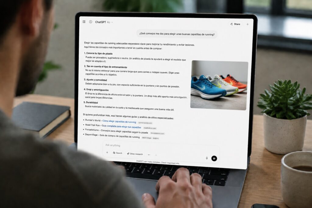 Persona usando un portátil para consultar recomendaciones sobre zapatillas de running. La pantalla muestra la respuesta generada por la IA con listas, imágenes y enlaces citados, para ilustrar la importancia de elegir entre una agencia SEO tradicional o una agencia con GEO para la era de la IA.