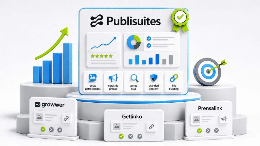 Ilustración 3D de las mejores plataformas de linkbuilding para mejorar tu SEO, donde destacan herramientas como Publisuites, Getlinko, Growwer y Prensalink para gestionar campañas de contenidos, posts patrocinados y presencia en medios digitales.