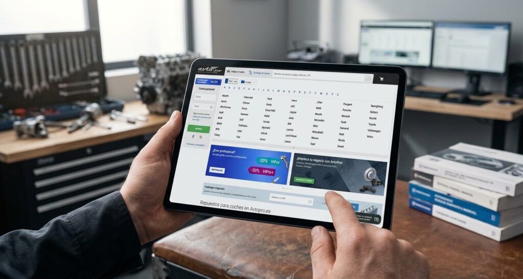 Persona consulta en una tableta un catálogo online de recambios de coche con información de producto.
