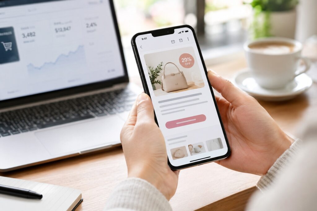 Persona consultando una oferta en su smartphone como ejemplo los 5 mejores servicios de marketing por correo electrónico para el comercio electrónico en 2026.